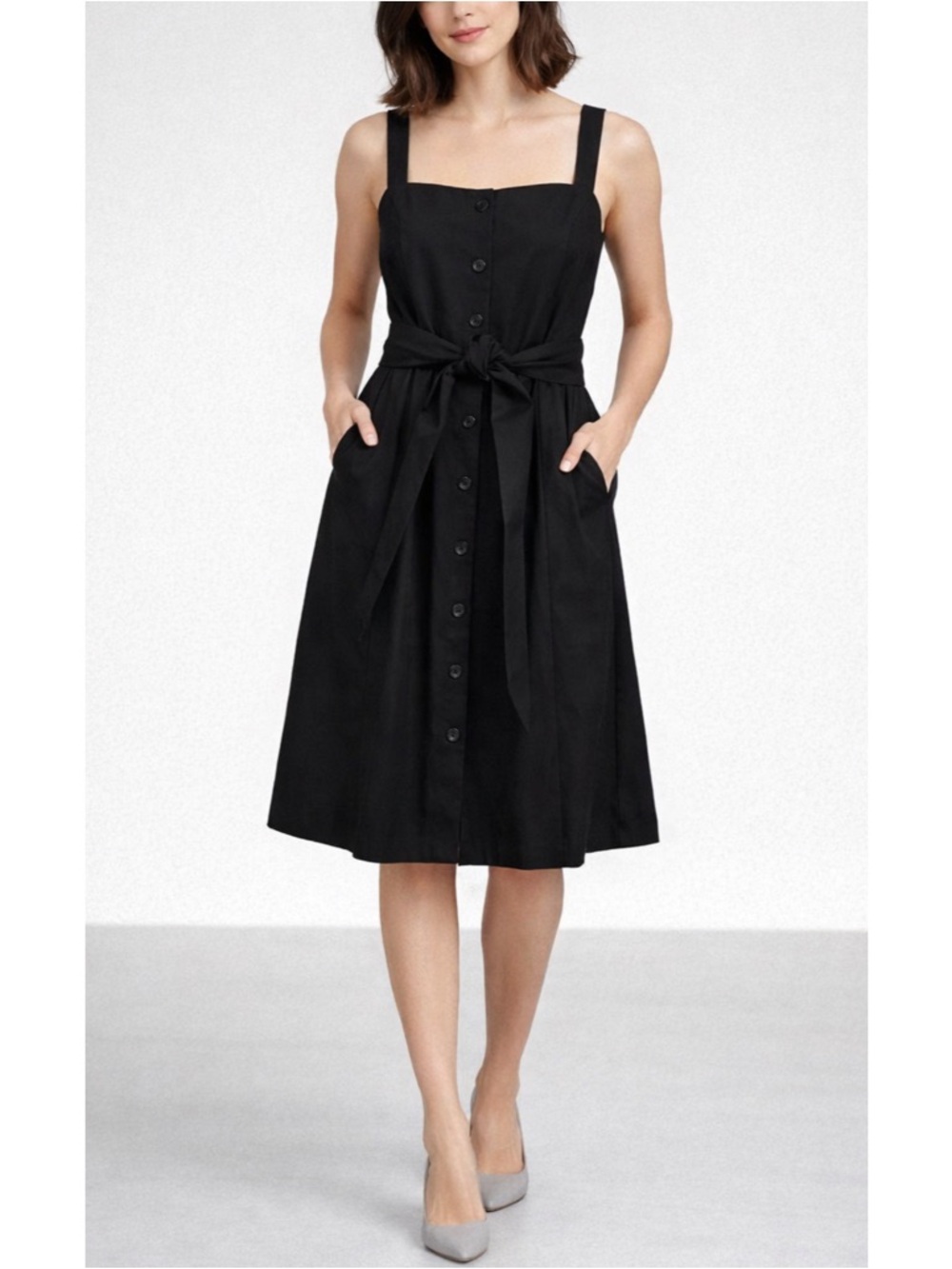 THEORY | Button-Front Belted Stretch Wool Dress in Black, Size 4